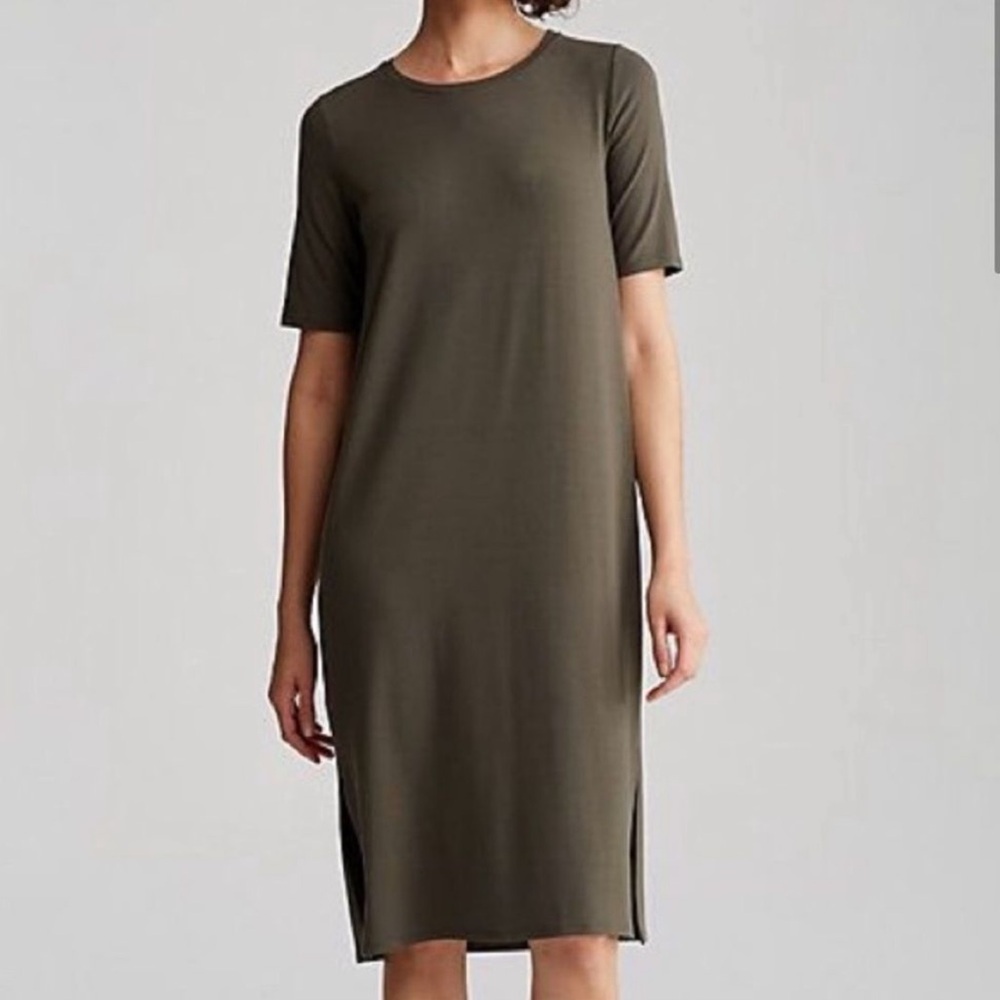 Eileen Fisher System Oregano Green Viscose Jersey Midi T Shirt Dress Medium